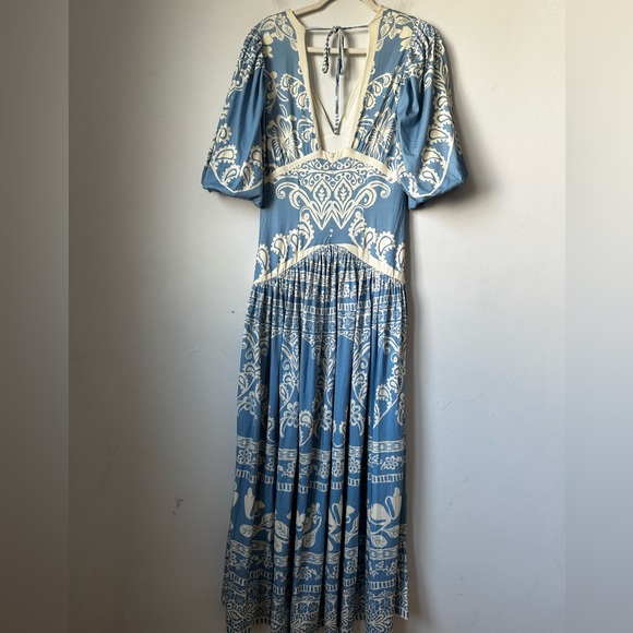 FARM RIO ANTHROPOLOGIE Elegant Blue and Cream Women's Dress - Picture 8 of 14